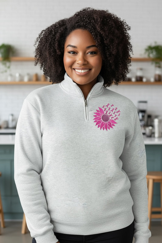 Sunflower Pink Ribbon Cancer Ribbon Embroidery Breast Cancer Embroidery Trendy Embroidery Quarter Zip Fleece Pullover