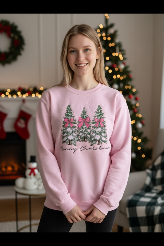 Coquette Merry Christmas Bow Christmas Tree Trio Embroidered Design Crewneck Sweatshirt