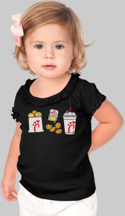 Child wearing a black shirt with fast food-themed designs on a white background