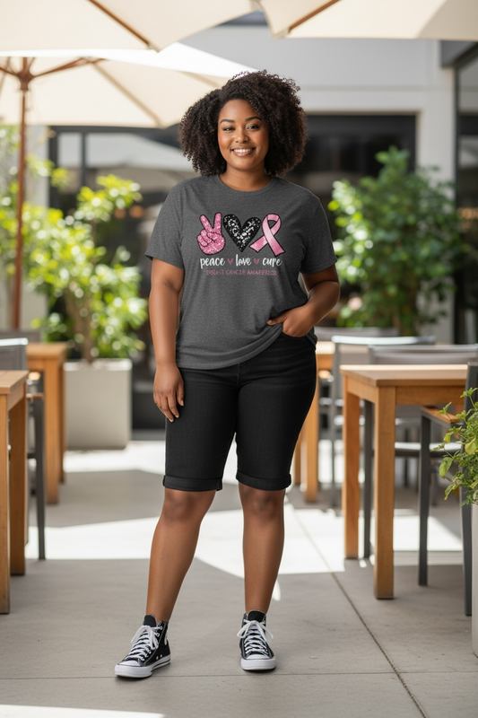 PEACE,LOVE,CURE (Pink Ribbon Design) T-Shirt