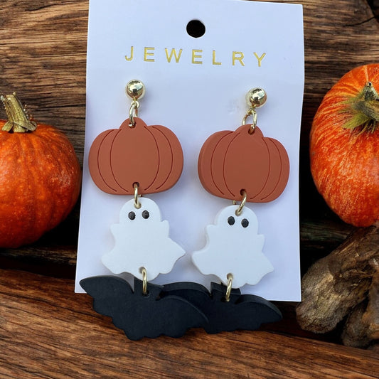 Halloween Ghost Bat Pumpkin Design Dangle Earrings