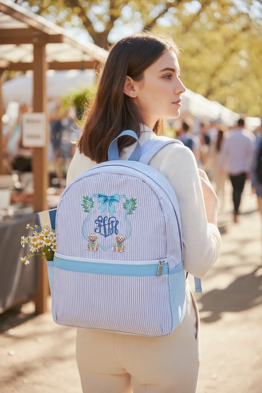 Aqua Seersucker Backpack/Personalize It/NEW Embroidery Crest Frame Designs