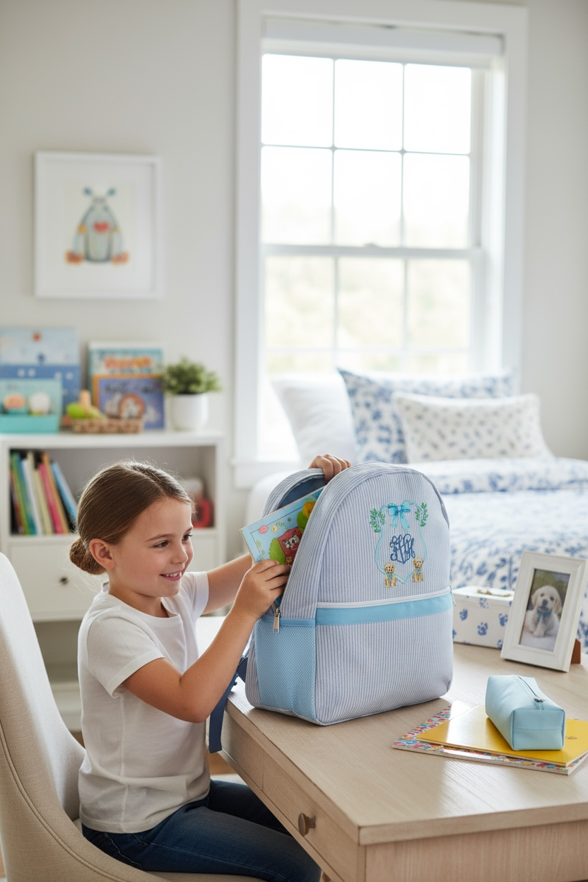 Aqua Seersucker Backpack/Personalize It/NEW Embroidery Crest Frame Designs