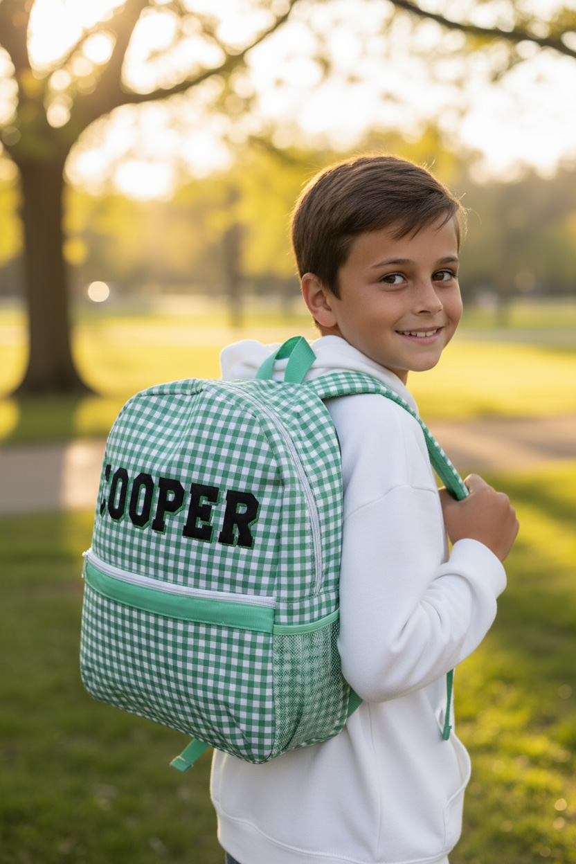 Green Gingham Backpack/Personalize it