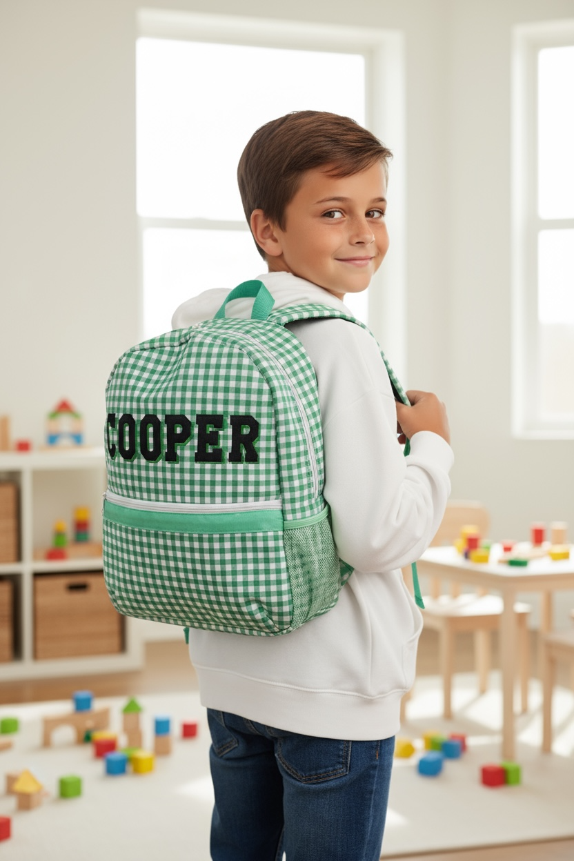 Green Gingham Backpack/Personalize it