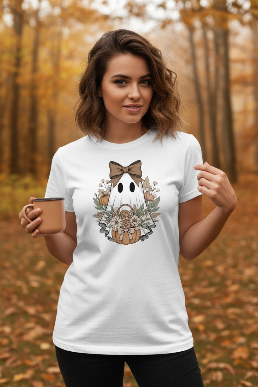 Floral Boho Ghost Design Graphic T-Shirt