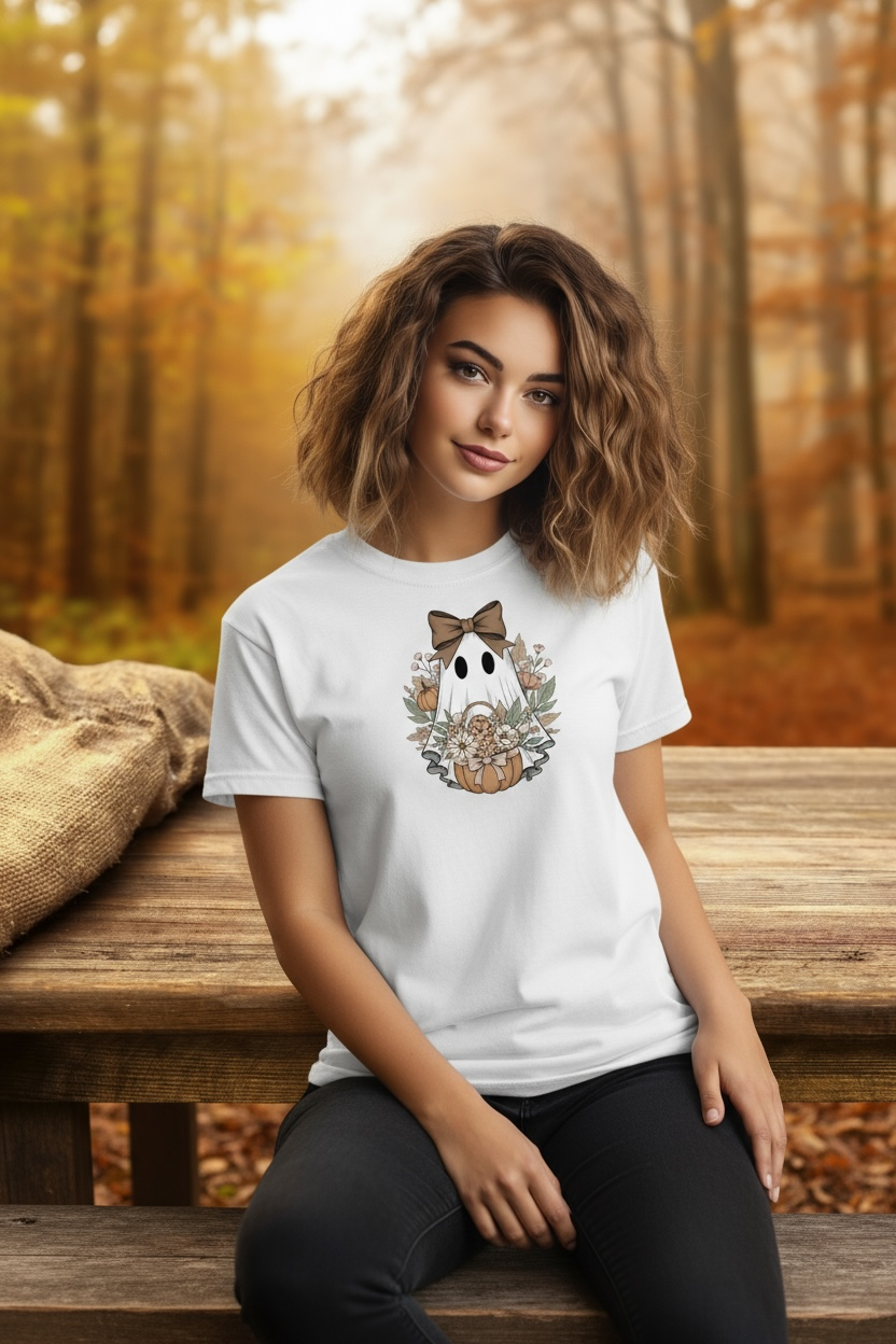 Floral Boho Ghost Design Graphic T-Shirt