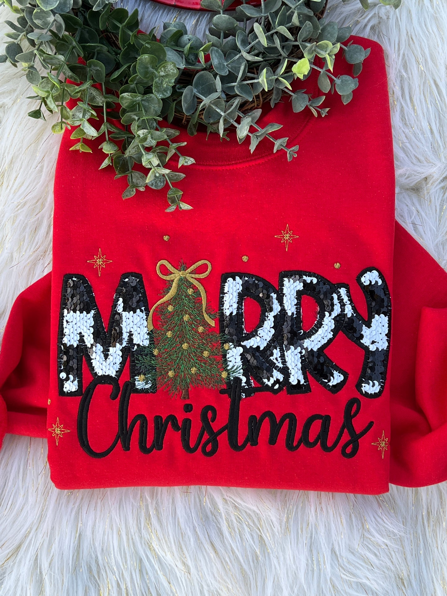Merry Christmas Black and White Check Seqin Material Appliqué Embroidered Design Crewneck Sweatshirt