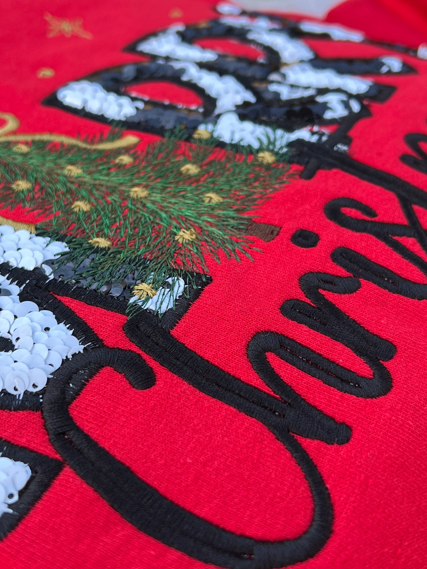 Merry Christmas Black and White Check Seqin Material Appliqué Embroidered Design Crewneck Sweatshirt