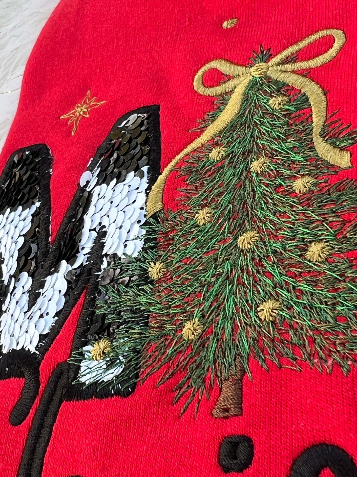 Merry Christmas Black and White Check Seqin Material Appliqué Embroidered Design Crewneck Sweatshirt