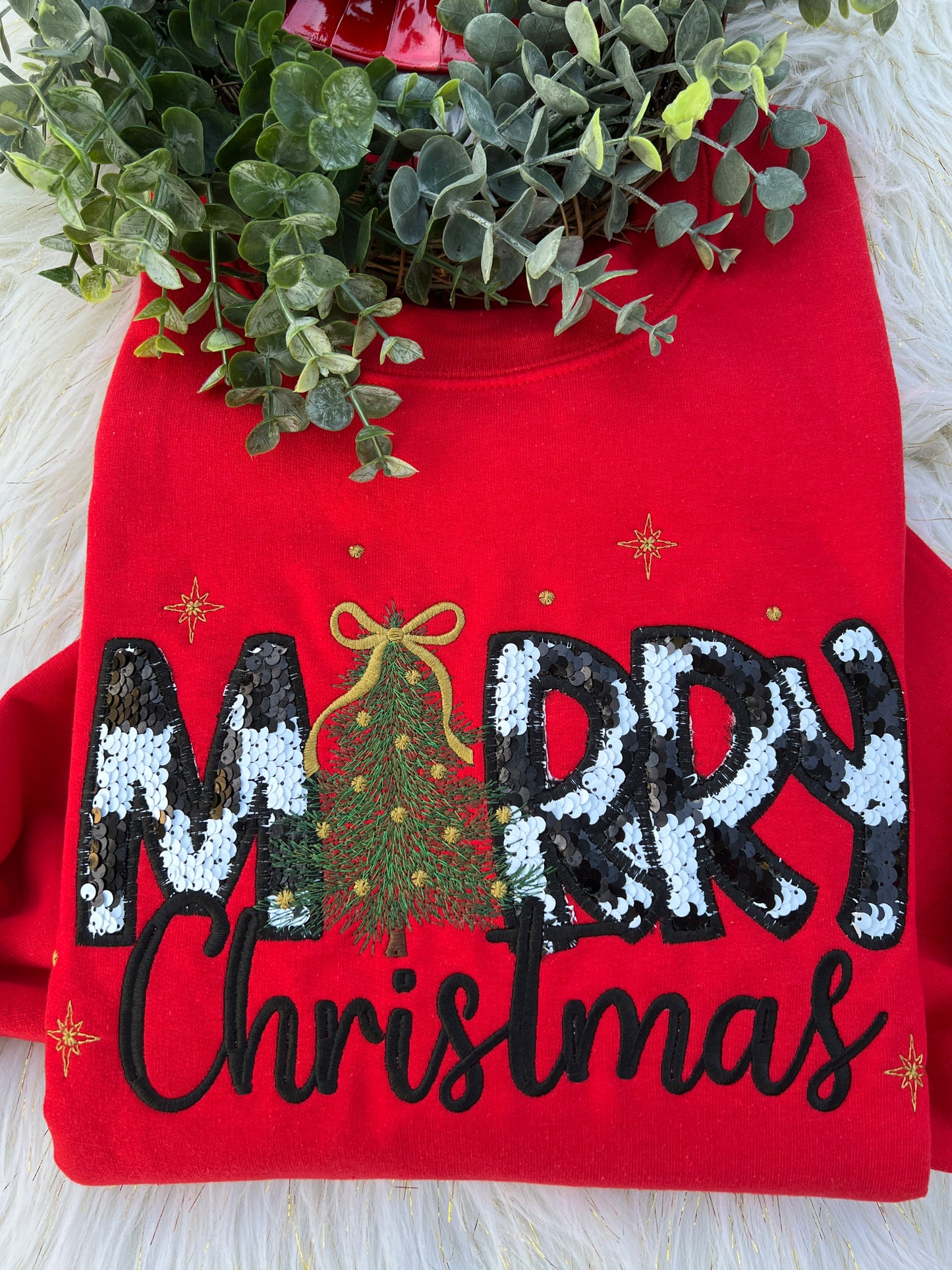 Merry Christmas Black and White Check Seqin Material Appliqué Embroidered Design Crewneck Sweatshirt