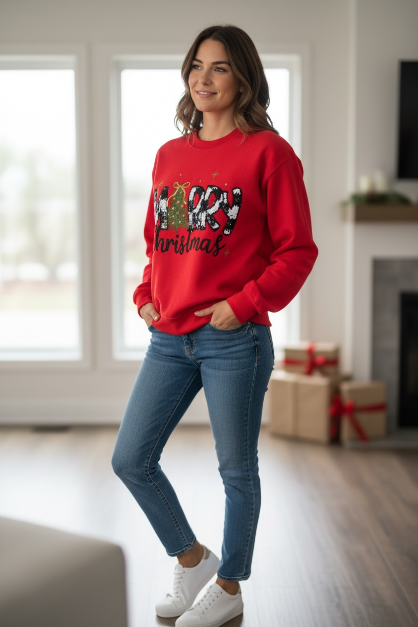 Merry Christmas Black and White Check Seqin Material Appliqué Embroidered Design Crewneck Sweatshirt