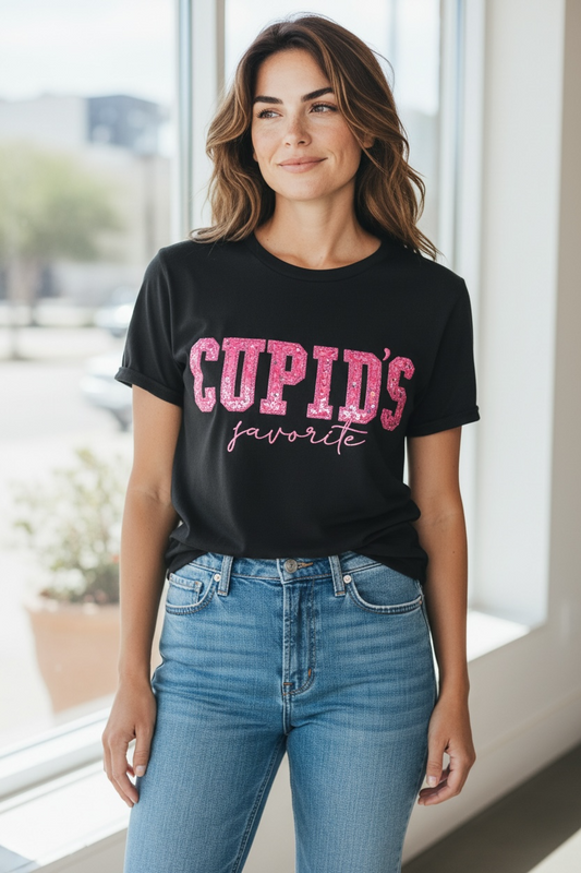 Cupid's Favorite Sequin Applique Valentines Design Embroidery Shirt