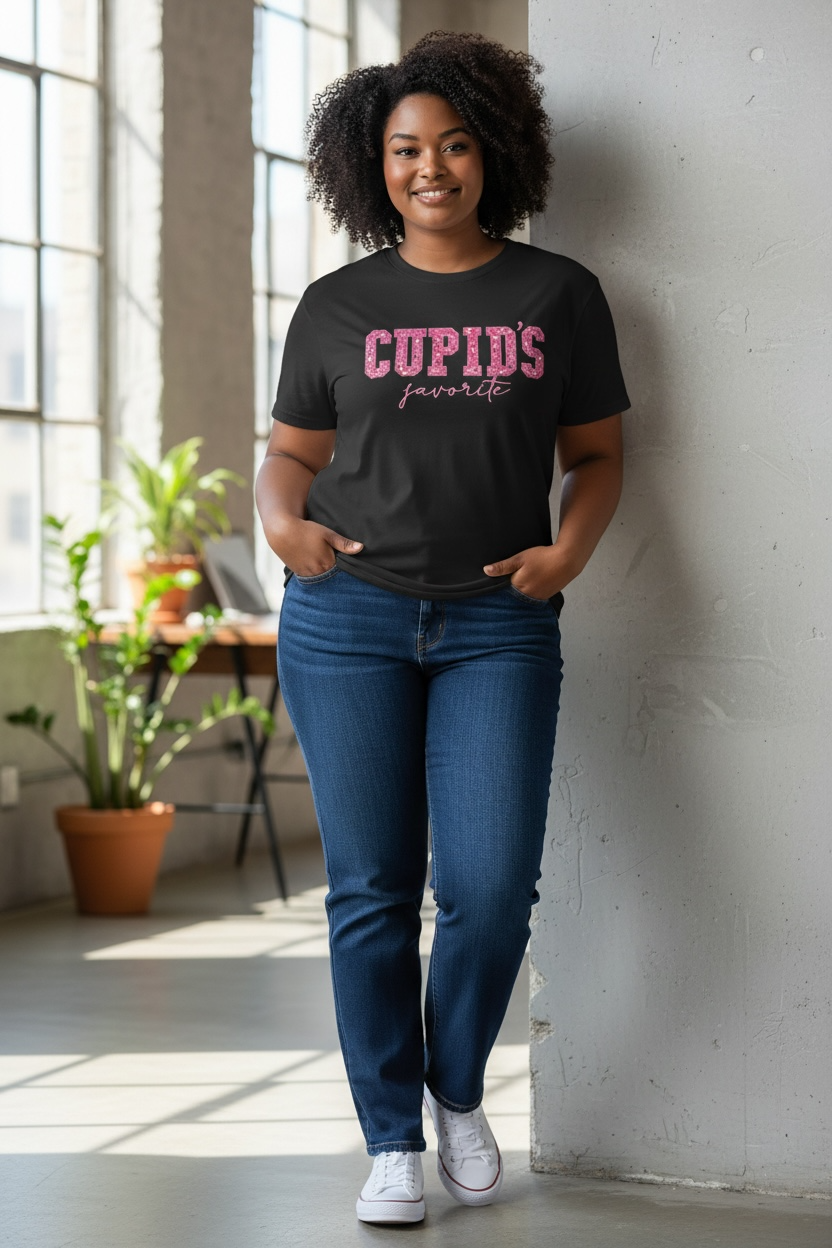 Cupid's Favorite Sequin Applique Valentines Design Embroidery Shirt
