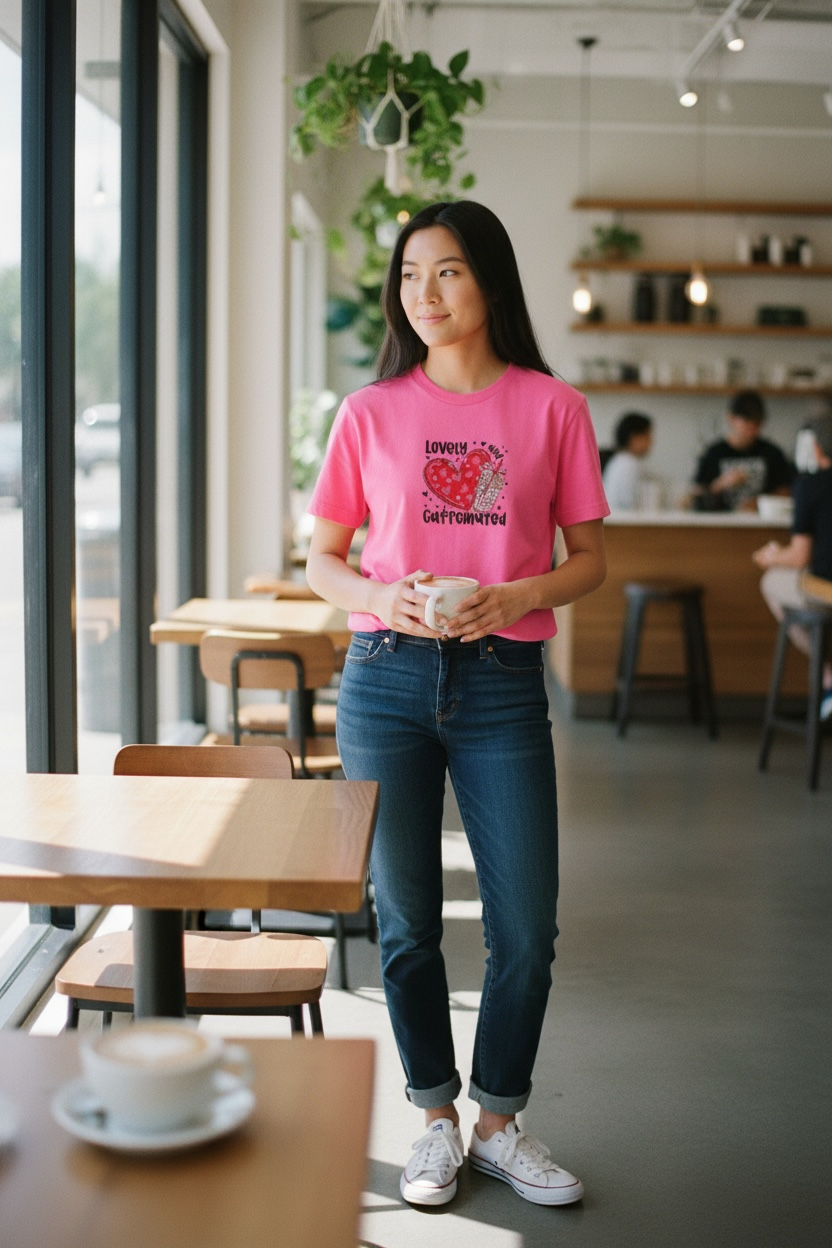 Lovely and Caffeinated Embroidery Design Valentines Day T-Shirt