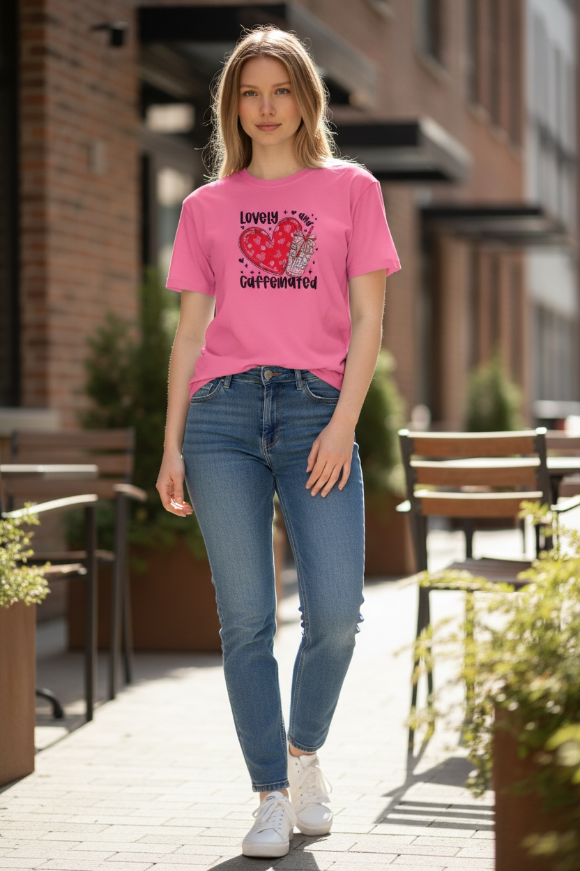 Lovely and Caffeinated Embroidery Design Valentines Day T-Shirt