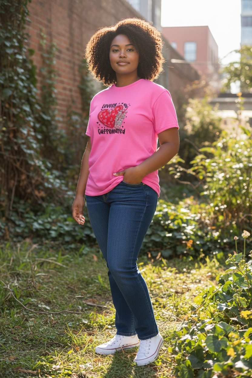 Lovely and Caffeinated Embroidery Design Valentines Day T-Shirt