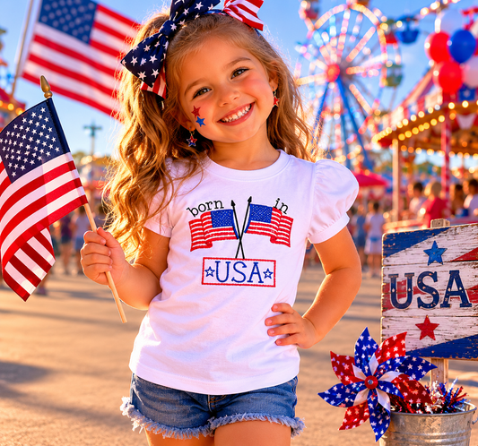 BORN IN THE USA/FLAG DESIGN/ PATRIOTIC GIRL EMBROIDERED T-SHIRT/5 COLOR OPTIONS