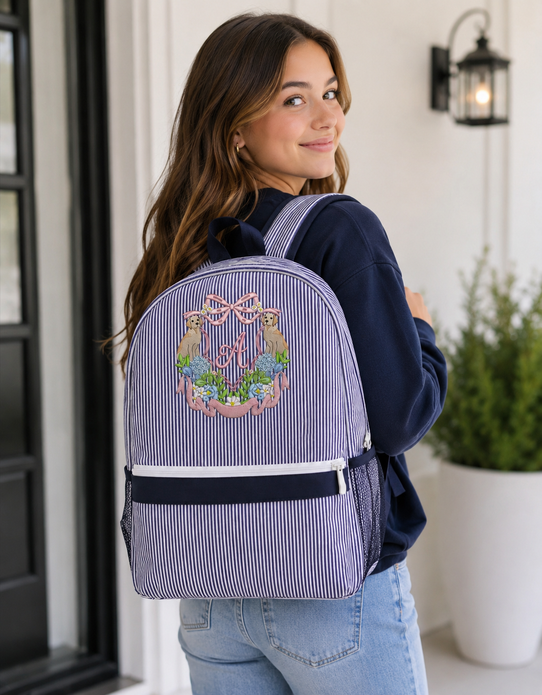 Navy Seersucker Backpack/Personalize It/NEW Embroidery Crest Frame Designs