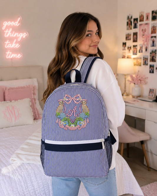 Navy Seersucker Backpack/Personalize It/NEW Embroidery Crest Frame Designs