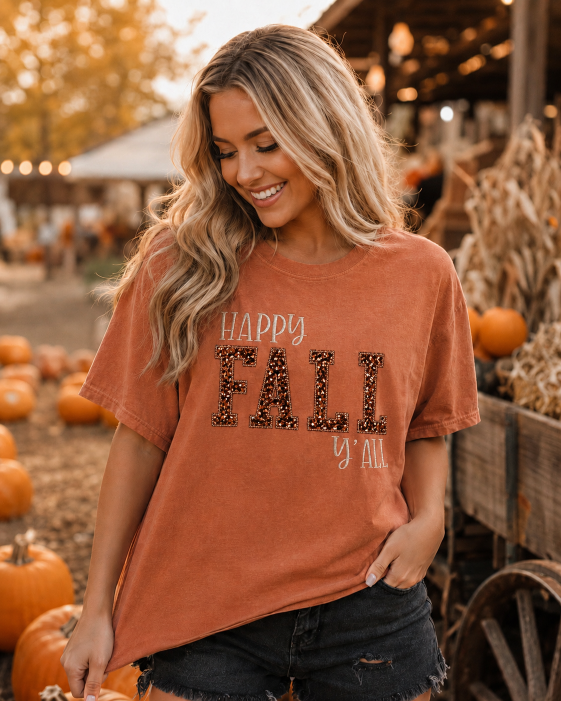Happy Fall Y'all Sequin Applique Fabric Design Embroidery T-Shirt