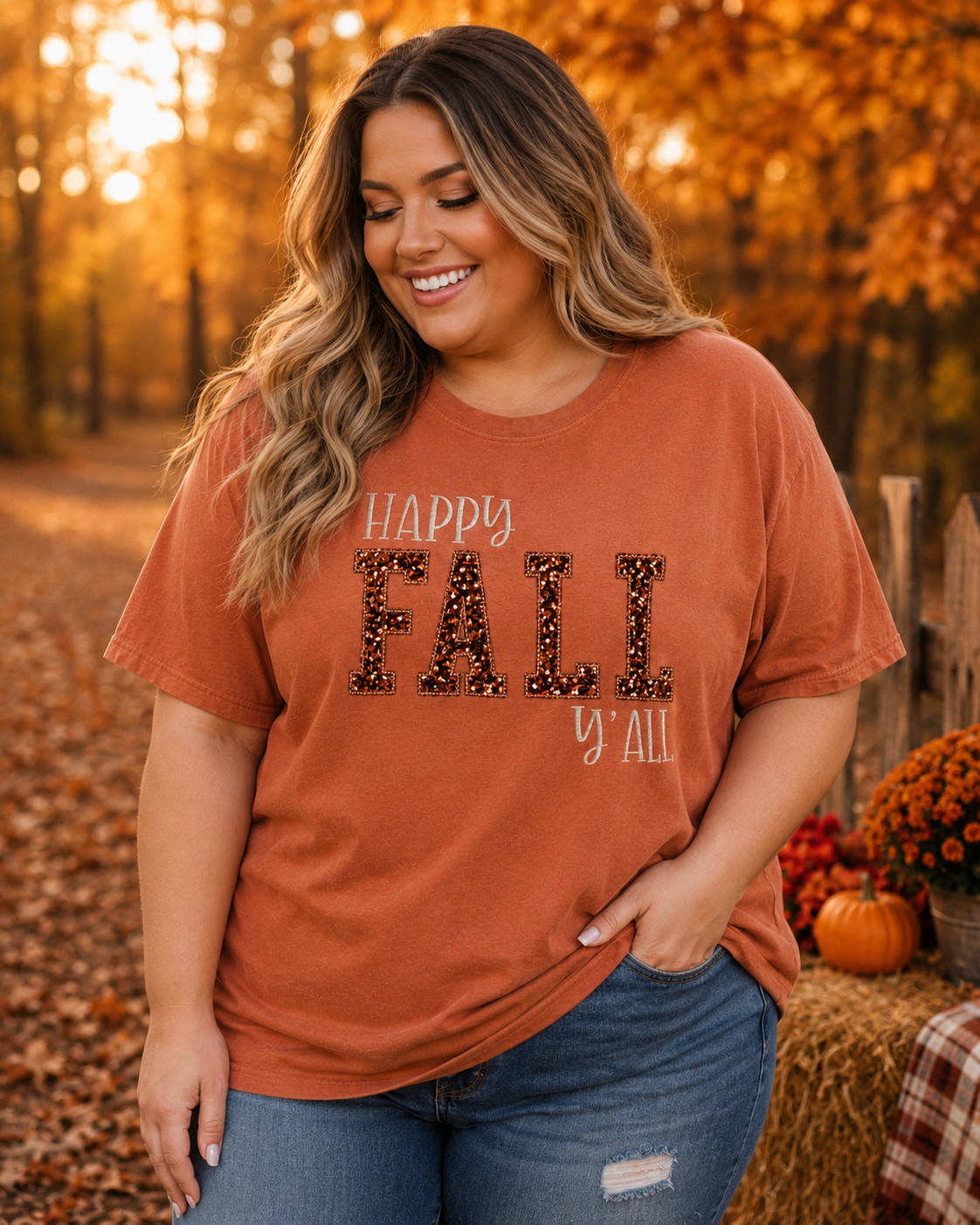 Happy Fall Y'all Sequin Applique Fabric Design Embroidery T-Shirt
