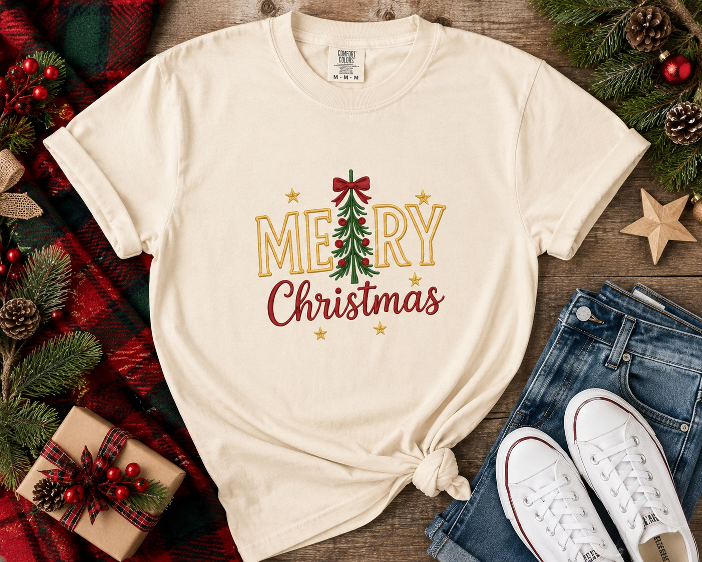 Merry Christmas Tree Embroidered Tee or Crewneck Sweatshirt