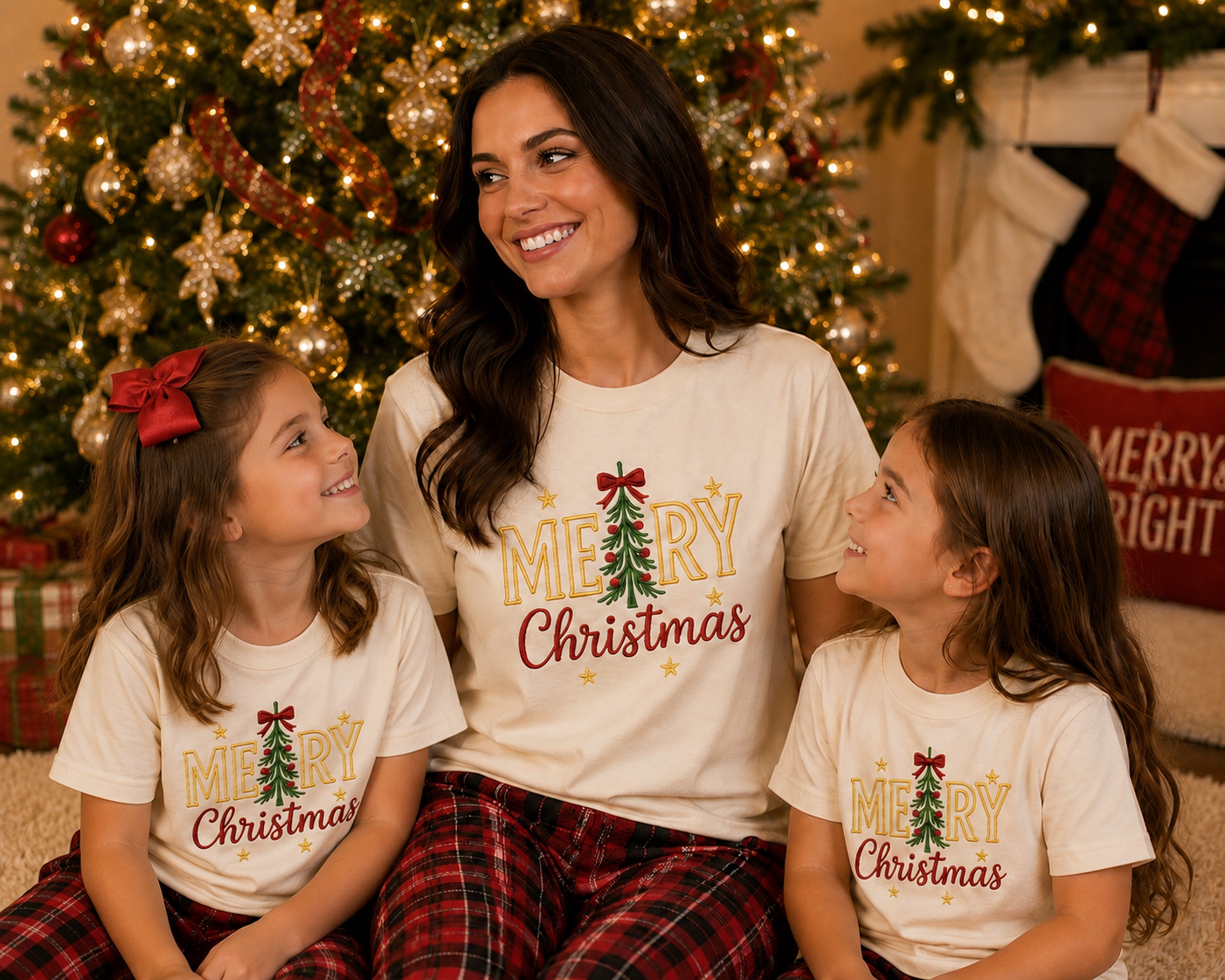 Merry Christmas Tree Embroidered Tee or Crewneck Sweatshirt