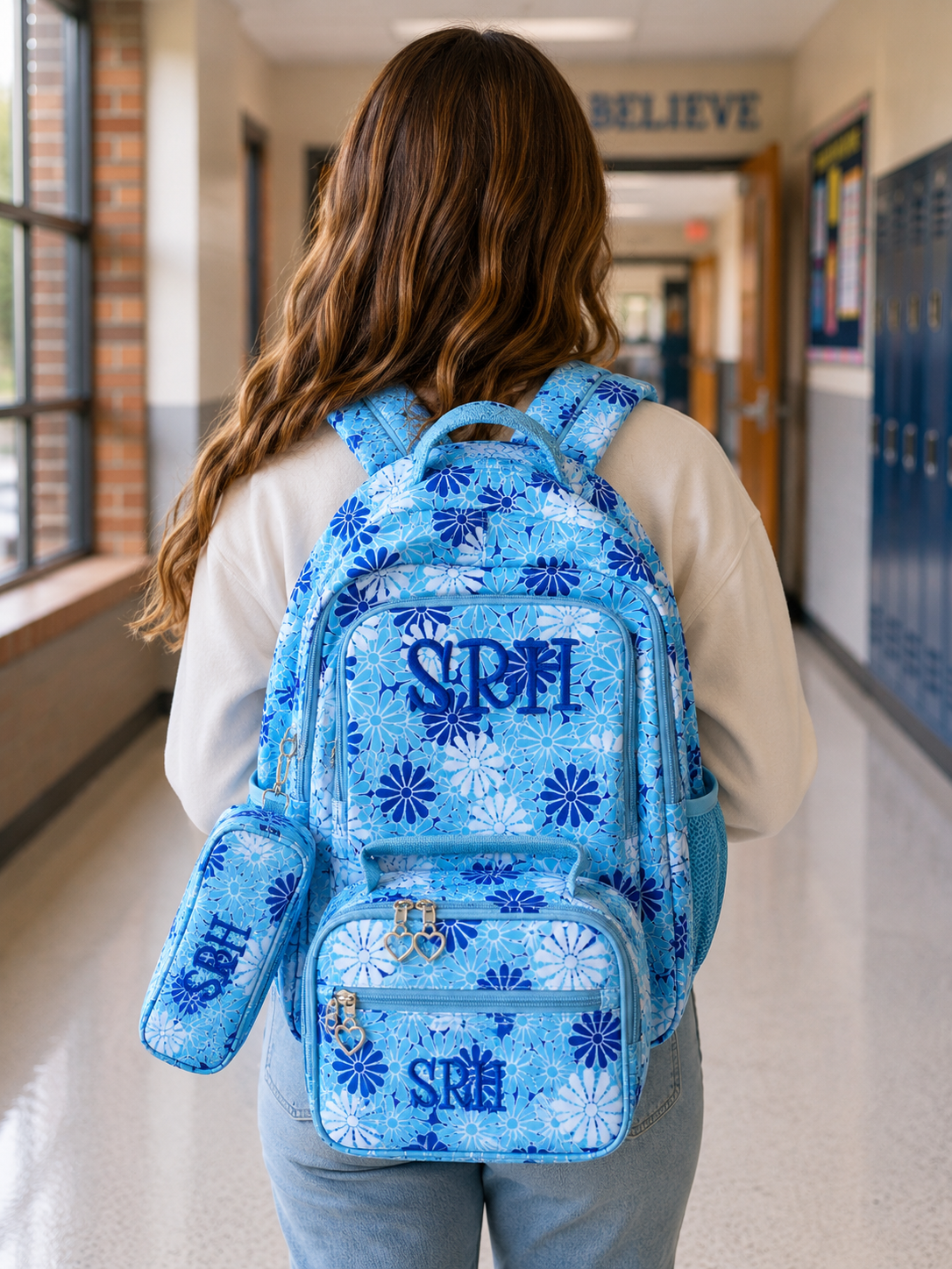 Royal and Baby Blue Daisy Print Girls Backpack Set