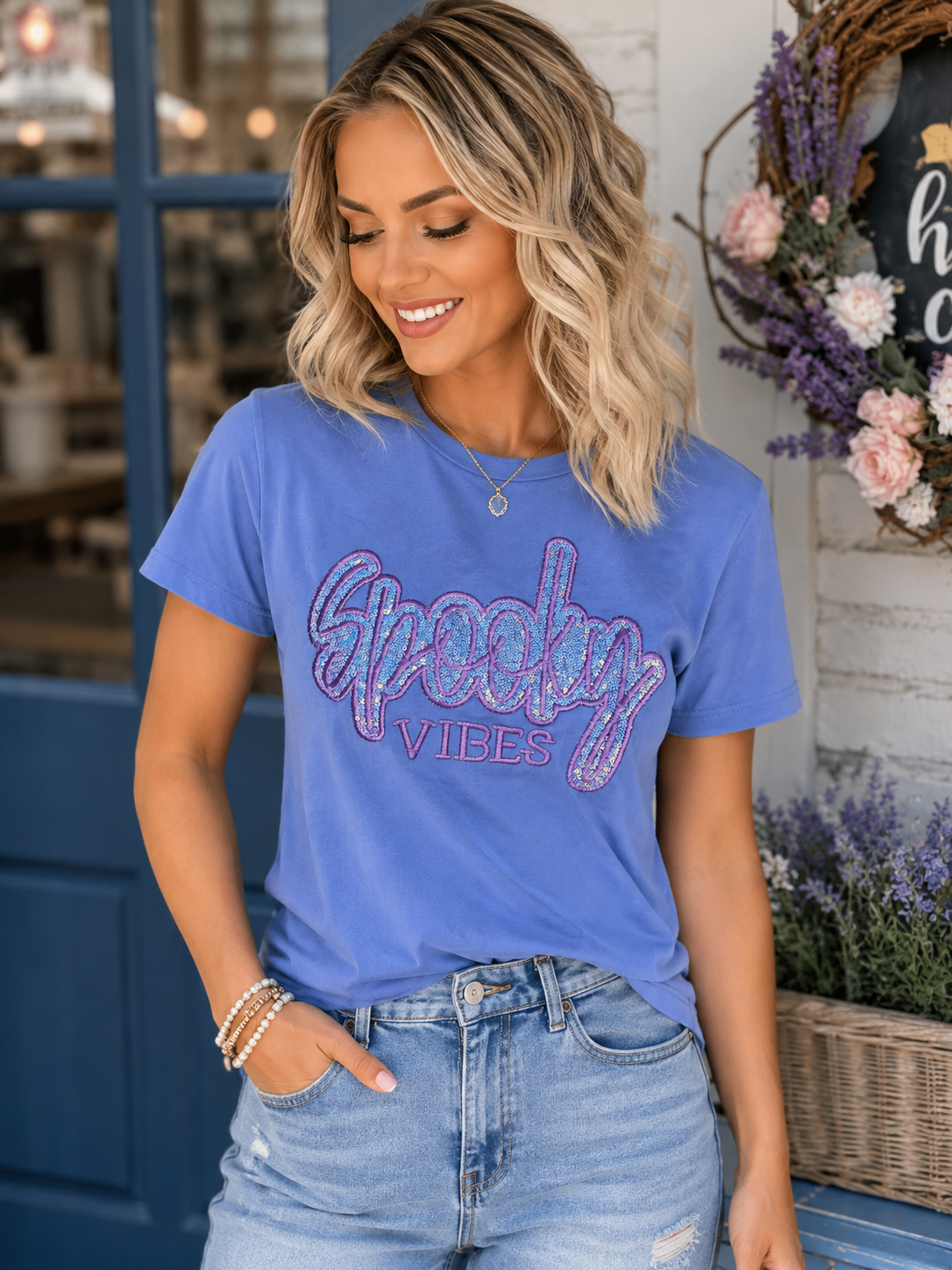 Spooky Vibes Halloween Sequins Design Embroidery T-Shirt