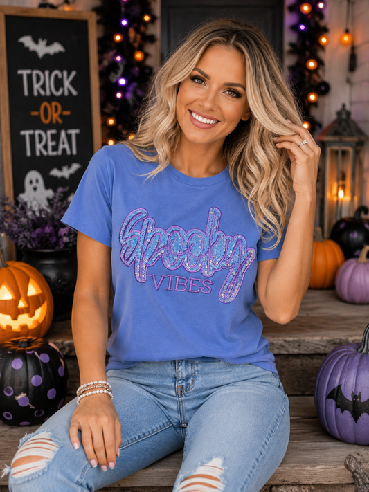 Spooky Vibes Halloween Sequins Design Embroidery T-Shirt