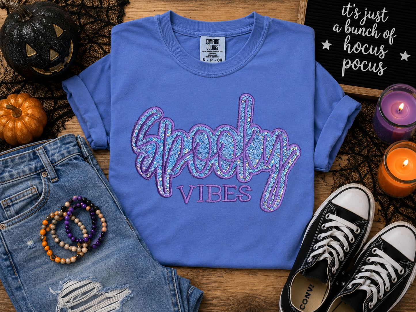 Spooky Vibes Halloween Sequins Design Embroidery T-Shirt
