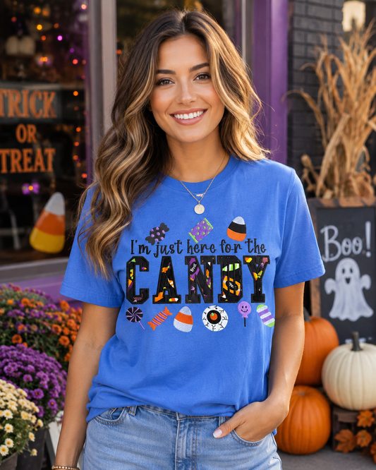 I'm Just Here For The Candy Halloween Design Embroidery T-Shirt