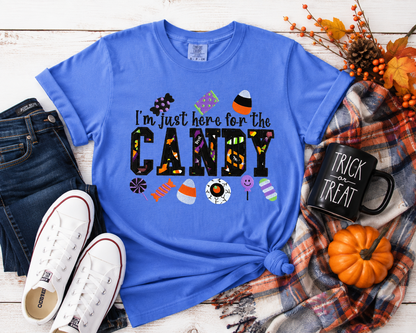 I'm Just Here For The Candy Halloween Design Embroidery T-Shirt