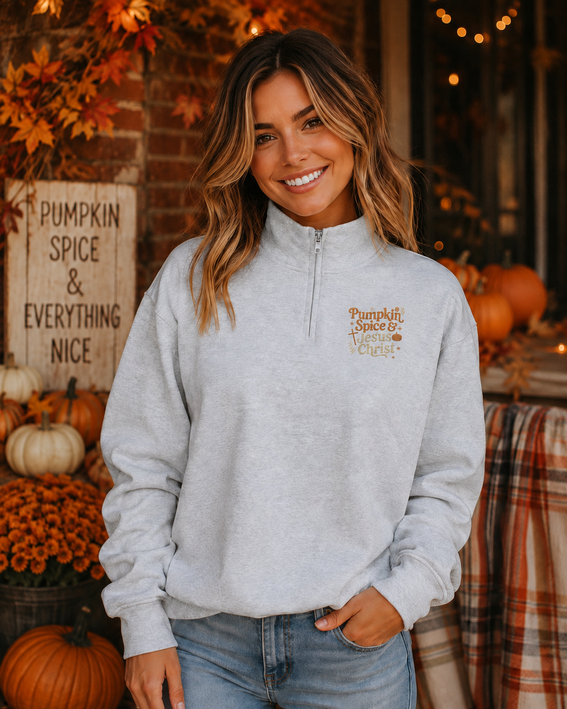 Pumpkin Spice & Jesus Christ Christian Fall Religious Christian Faith Bible Verse Quarter Zip Fleece Pullover