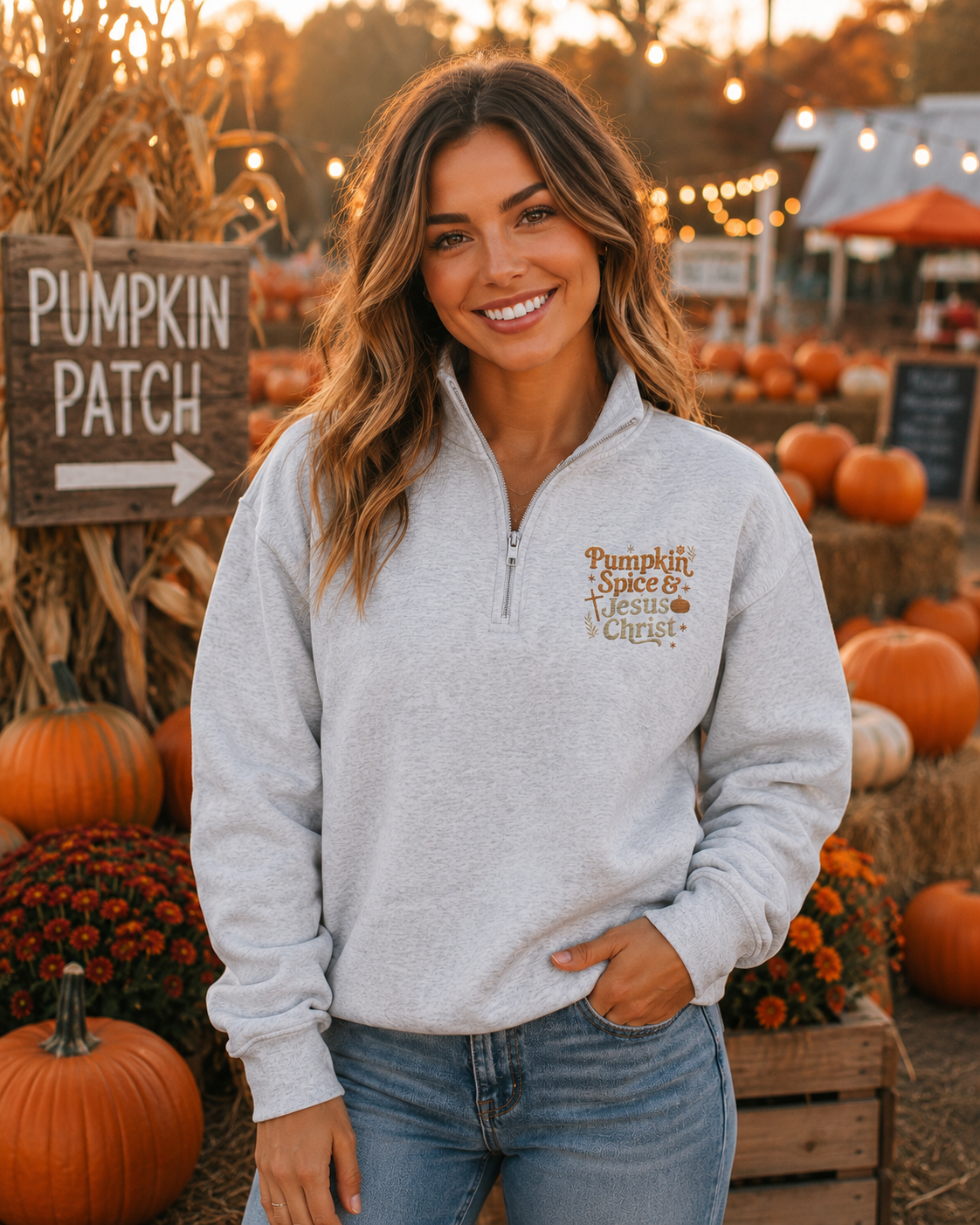 Pumpkin Spice & Jesus Christ Christian Fall Religious Christian Faith Bible Verse Quarter Zip Fleece Pullover
