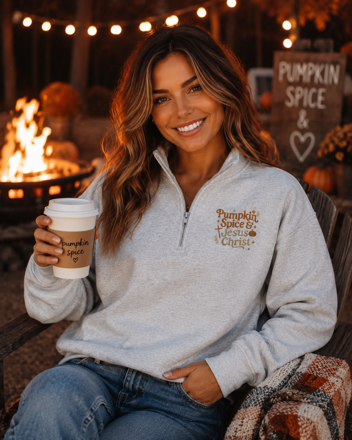 Pumpkin Spice & Jesus Christ Christian Fall Religious Christian Faith Bible Verse Quarter Zip Fleece Pullover