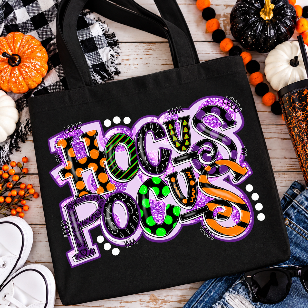 Halloween Trick or Treat Tote Bag – Hocus Pocus Candy Bag for Kids, Black or Natural