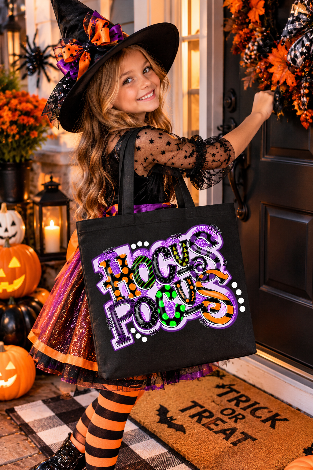 Halloween Trick or Treat Tote Bag – Hocus Pocus Candy Bag for Kids, Black or Natural