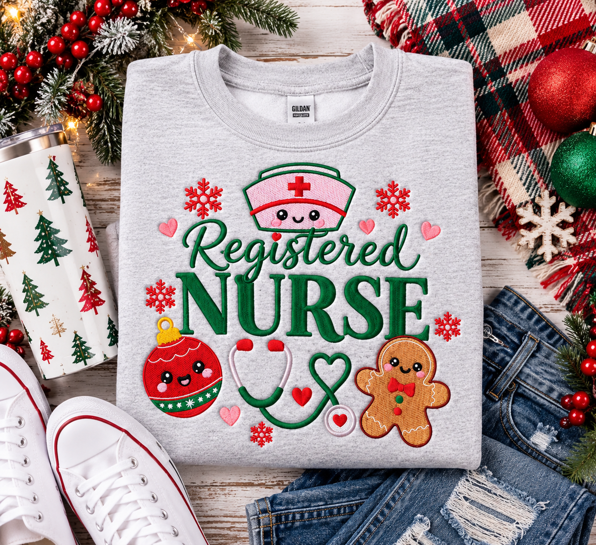 🎄 Registered Nurse Christmas Embroidered Sweatshirt – Festive RN Holiday Crewneck