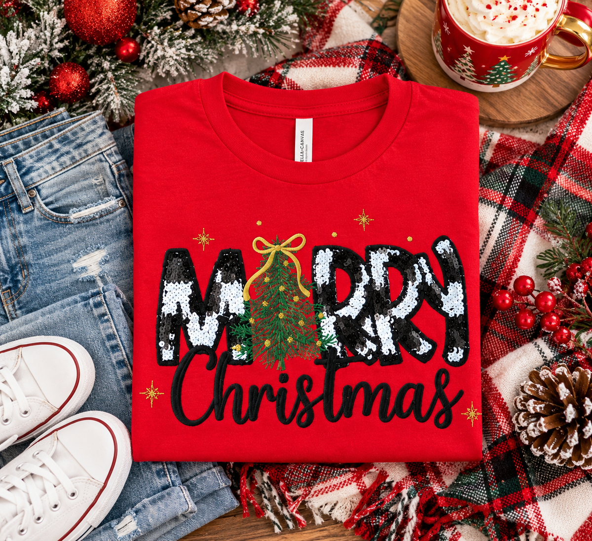 Merry Christmas Appliqué Embroidered Design T-Shirt or Crewneck Sweatshirt/ MOMMY AND ME MATCHING SETS AVAILABLE