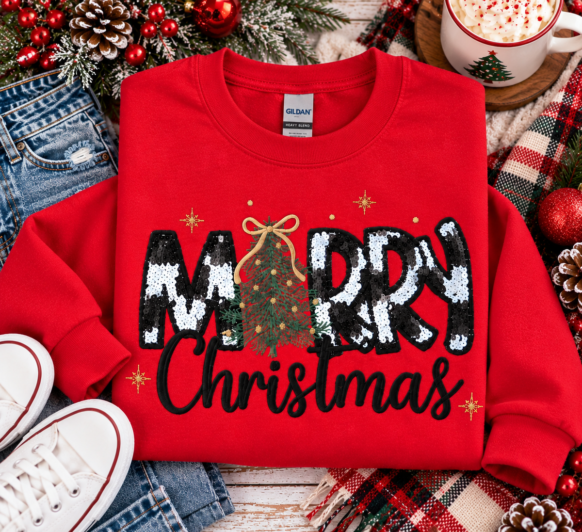 Merry Christmas Appliqué Embroidered Design T-Shirt or Crewneck Sweatshirt/ MOMMY AND ME MATCHING SETS AVAILABLE