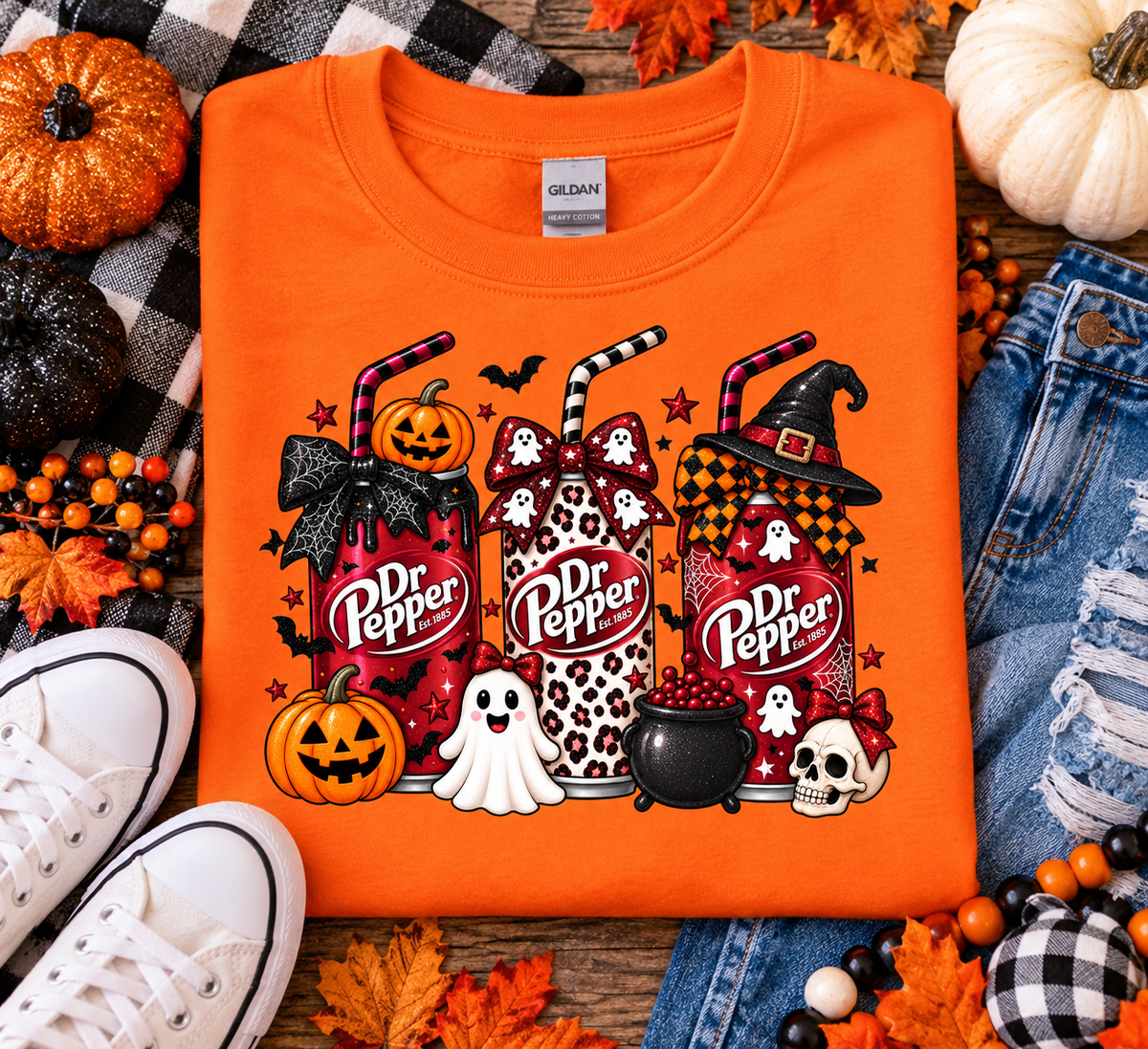 Halloween Dr P Graphic T-Shirt | Spooky Pumpkin & Ghost Design | Orange Gildan Tee