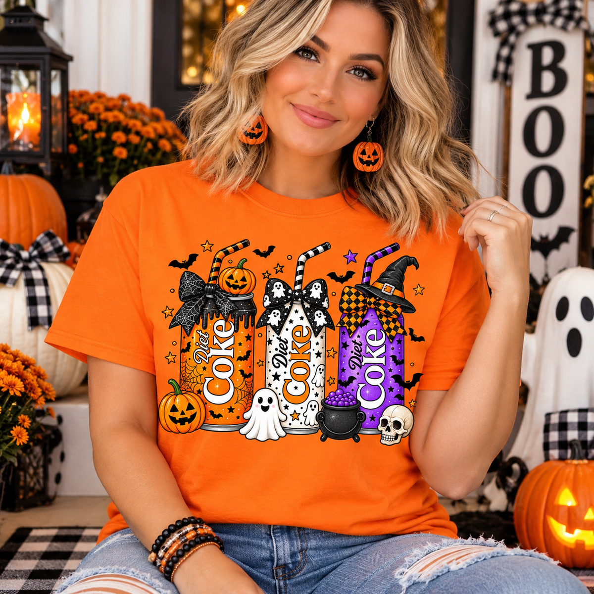 Halloween Diet Soda Graphic T-Shirt | Spooky Pumpkin & Ghost Design | Orange Gildan Tee