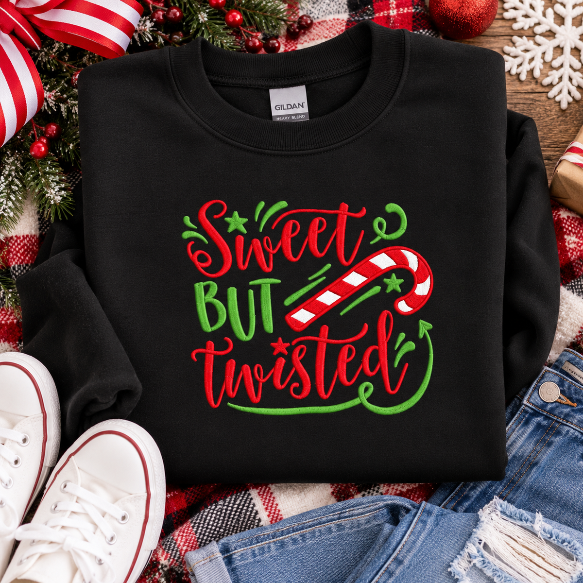 🎄 Sweet But Twisted Christmas Embroidered Sweatshirt – A Little Sweet, A Little Sassy! 🎄
