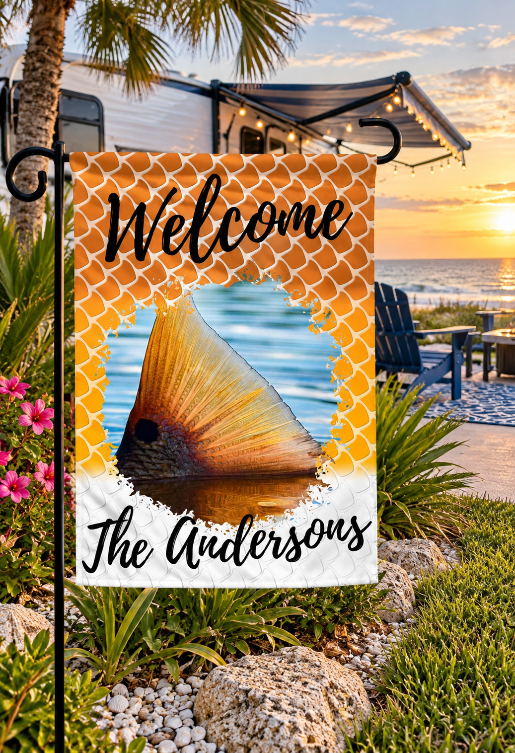 Personalized Redfish Tail Garden Flag | Coastal Welcome Flag | Fishing Camper & Beach House Decor