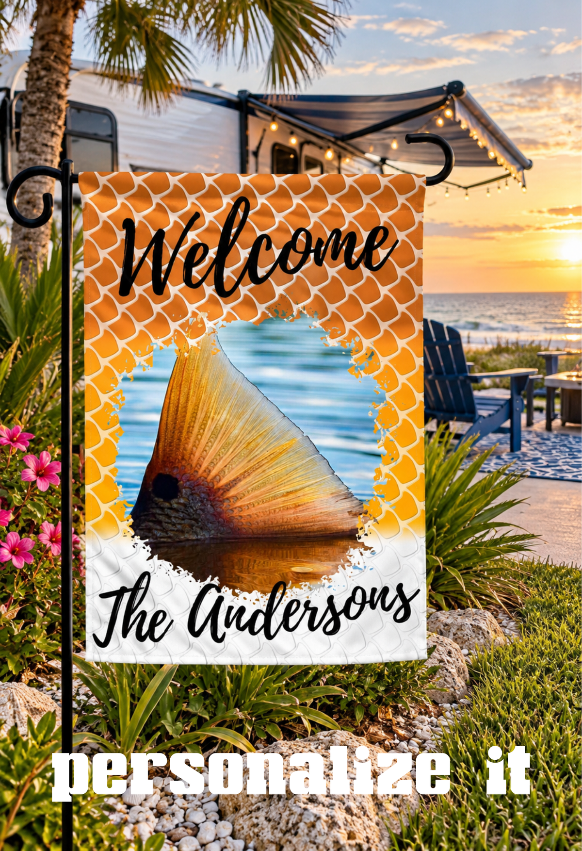 Personalized Redfish Tail Garden Flag | Coastal Welcome Flag | Fishing Camper & Beach House Decor