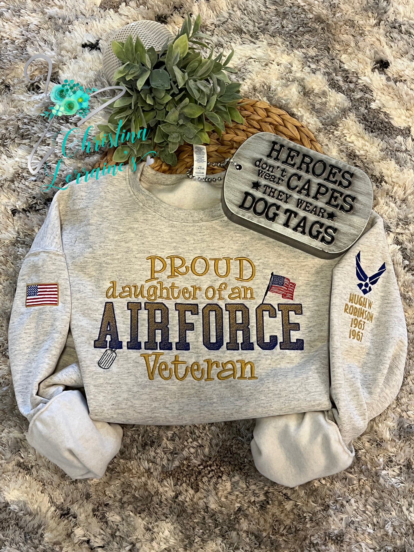 Personalized Military Veteran Crewneck Sweatshirt featuring a dual color gradient font