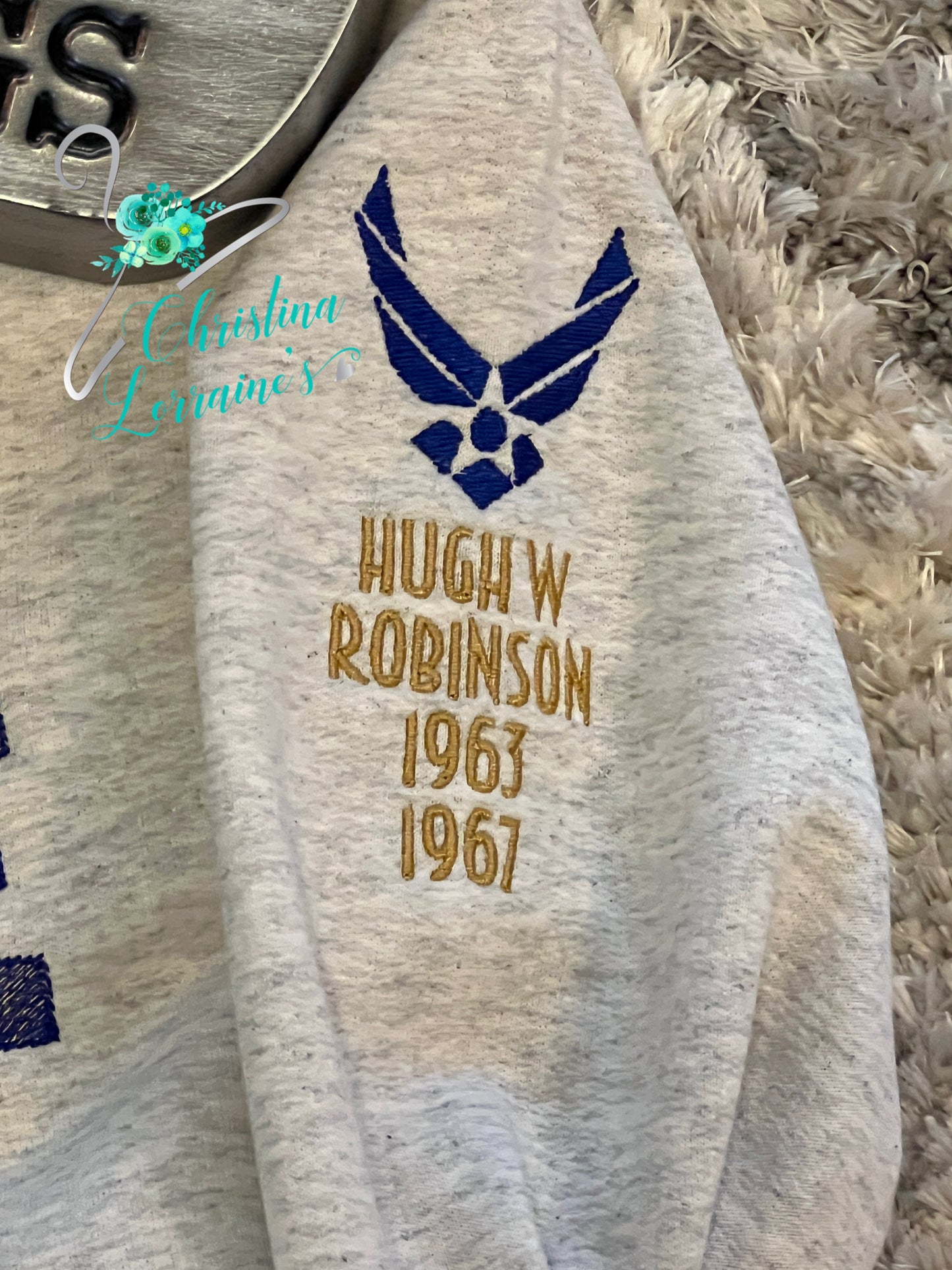 Personalized Airforce Veteran Crewneck Sweatshirt featuring a dual color gradient font