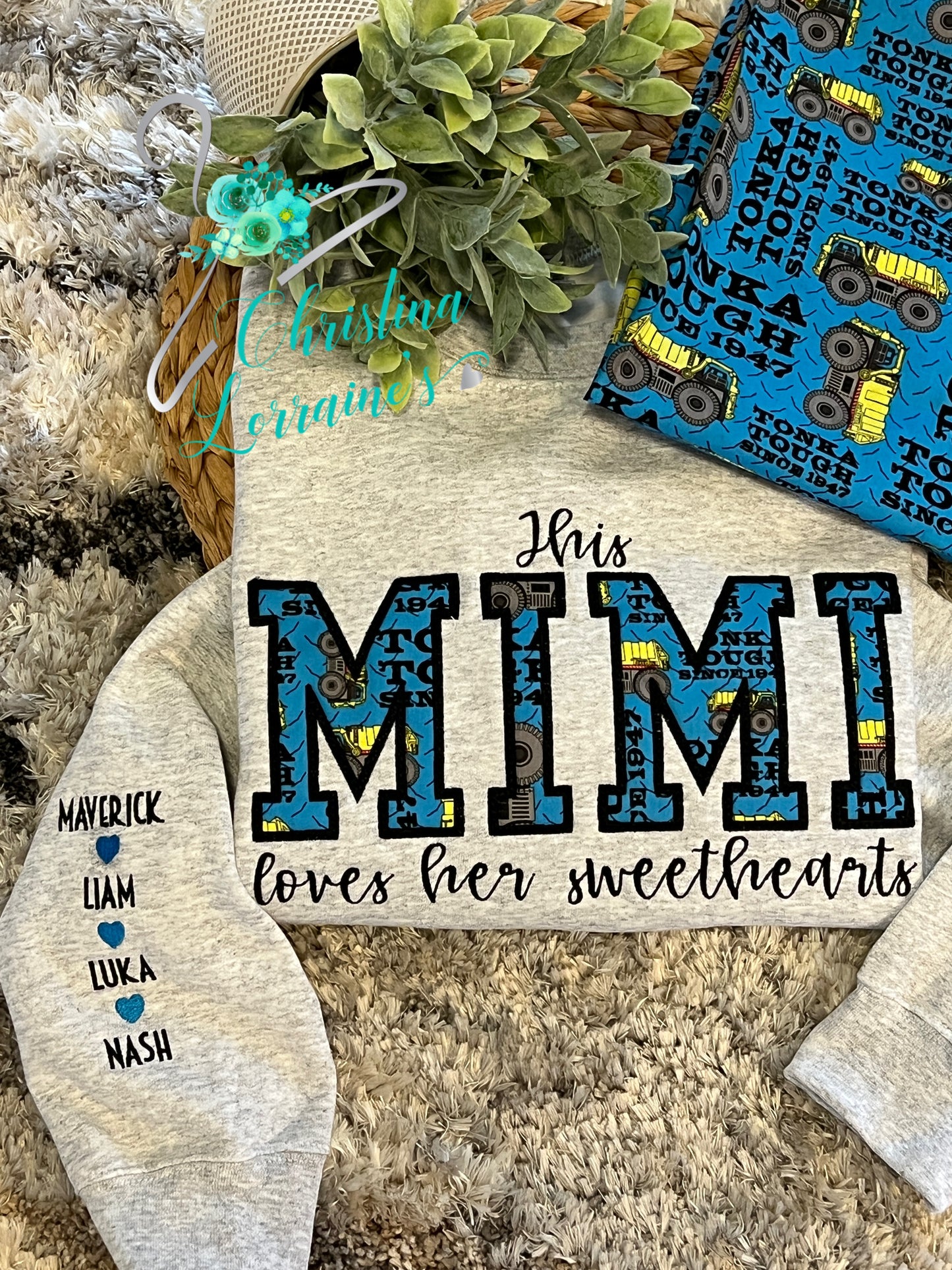 Personalized Construction Truck Applique Mimi, Mama, Nanny, your choice of name Crewneck Sweatshirt